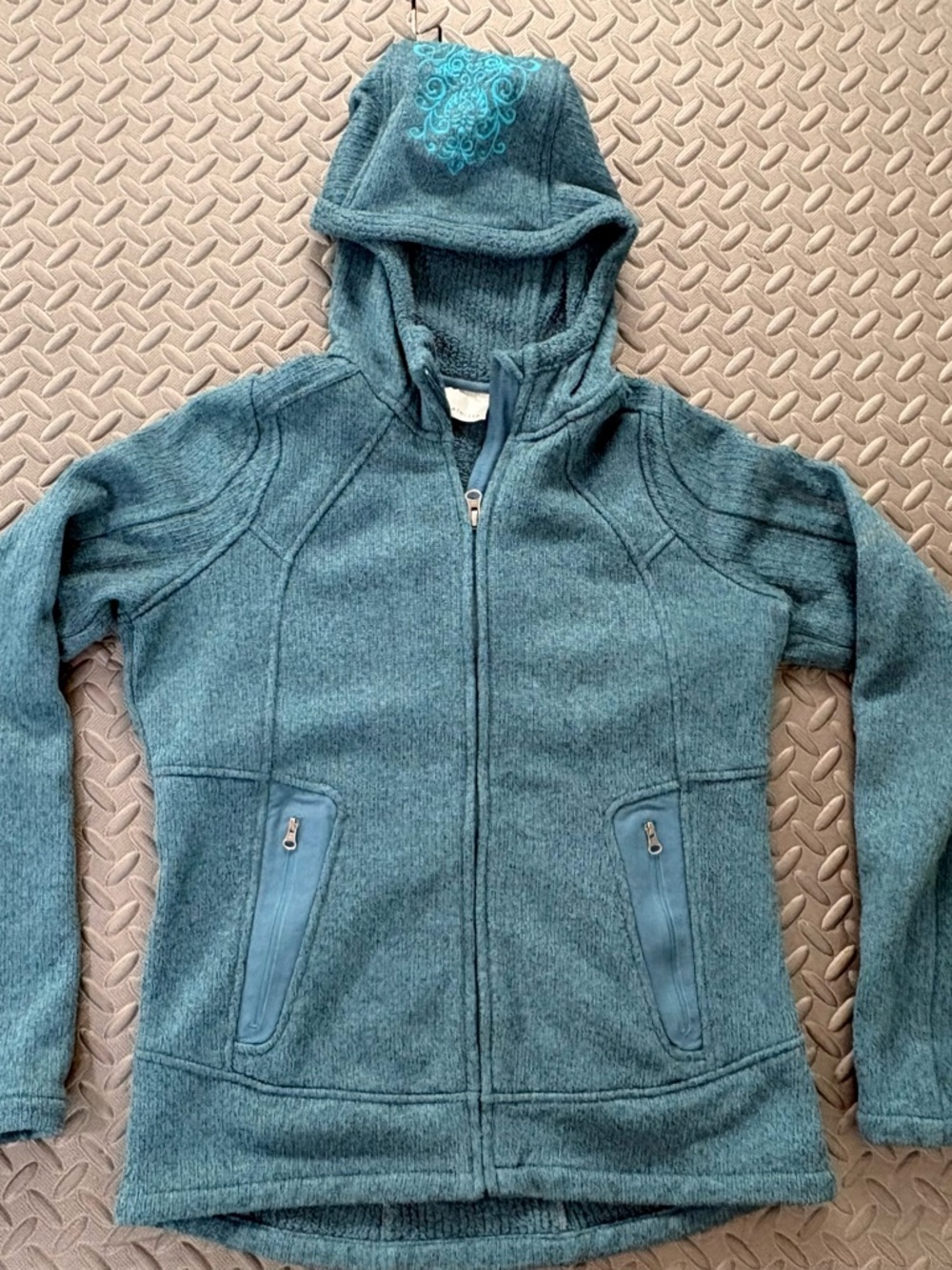 Athleta Teal Plush Zip Hooded Pullover with hood embroidery Size S Women’s